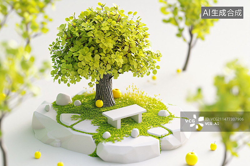 【AI数字艺术】卡通春天风景3D渲染，春天里的树木场景概念插图图片素材