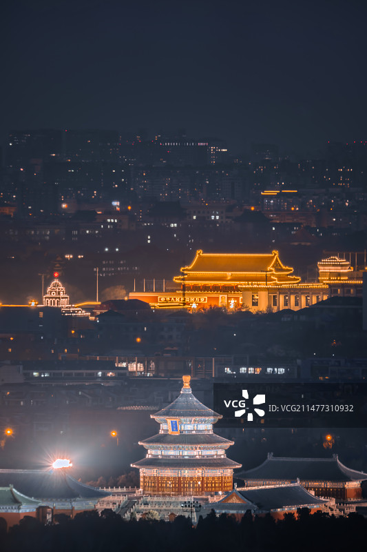 北京天安门天坛夜景全景高空拍摄图片素材