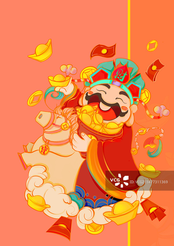 2024龙年春节新年吉祥扁平风卡通人物插画财神骑马寓意马上有财马上发财春节迎财神接财福手抱装金聚宝盆图片素材