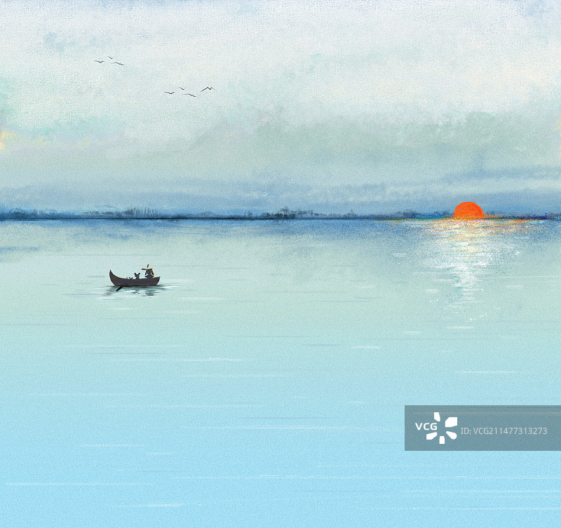 清明节 日出 海上船上的人图片素材