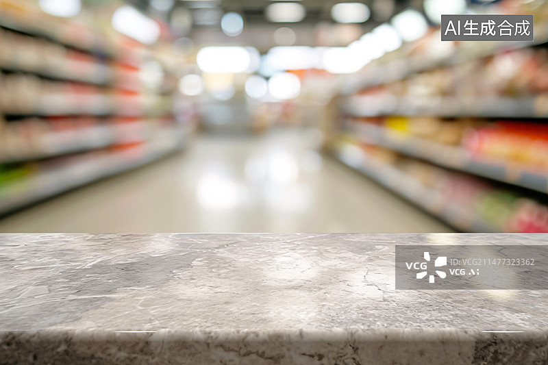 【AI数字艺术】超市背景模糊的空白大理石桌面，产品展示概念插图图片素材