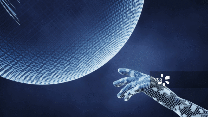 蓝色数字科技球体与数字手臂3D渲染图片素材