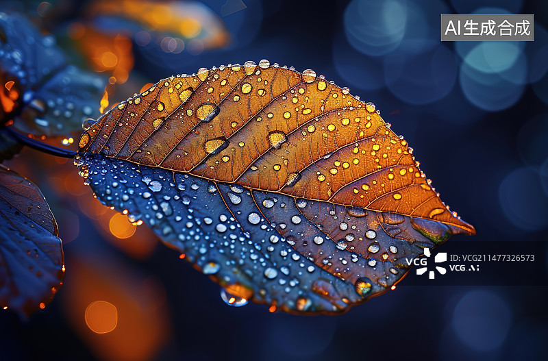 【AI数字艺术】雨滴落在树叶上的特写镜头图片素材