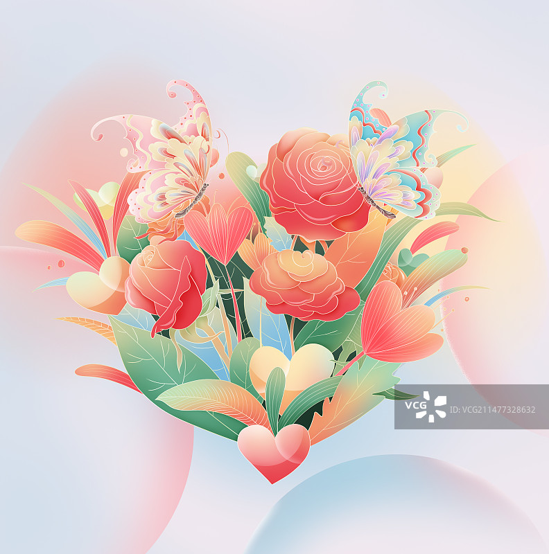 手绘情人节玫瑰爱情蝶恋花插画图片素材