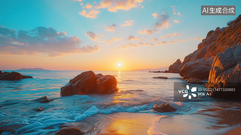 【AI数字艺术】海边的日出和礁石图片素材