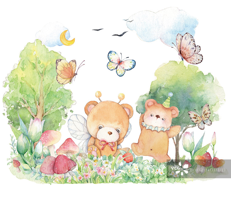 水彩手绘童话故事森林王国动物世界两只生日儿童节小布偶熊开心的跳跃儿童插画绘本插图图片素材