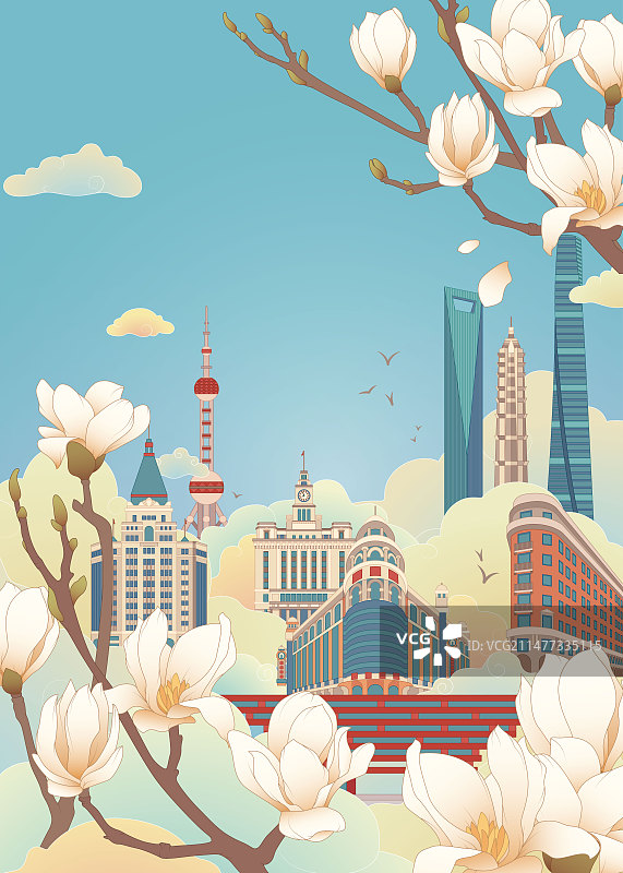 上海玉兰花和地标建筑插画图片素材