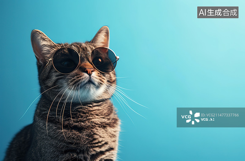 【AI数字艺术】蓝色背景下戴太阳镜的猫的特写镜头图片素材