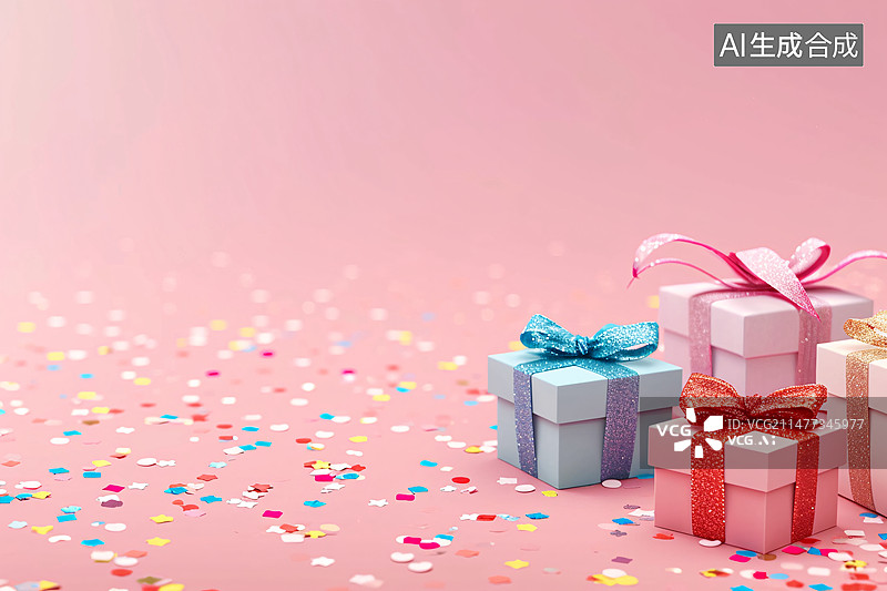 【AI数字艺术】3D礼盒生日庆典，粉色和红色的优雅情人节礼盒惊喜概念插图图片素材