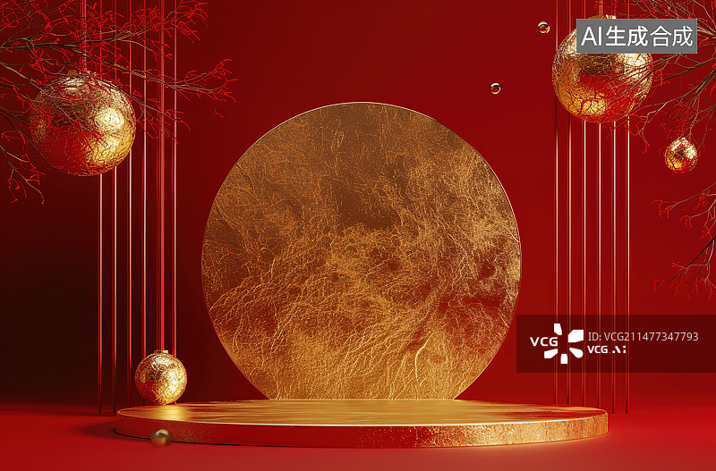 【AI数字艺术】红色背景下圣诞装饰的特写镜头图片素材