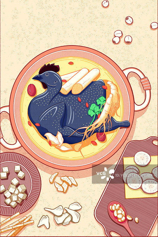 白露节气美食十样白炖鸡插画图片素材