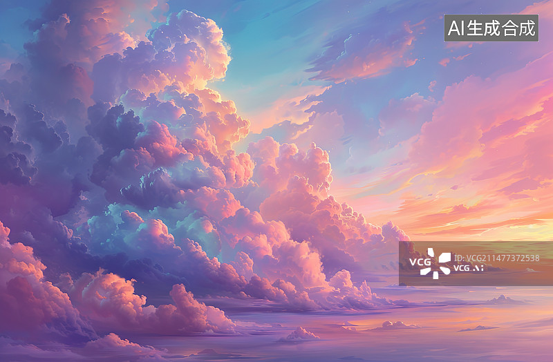 【AI数字艺术】日落时戏剧性天空的低角度视图图片素材