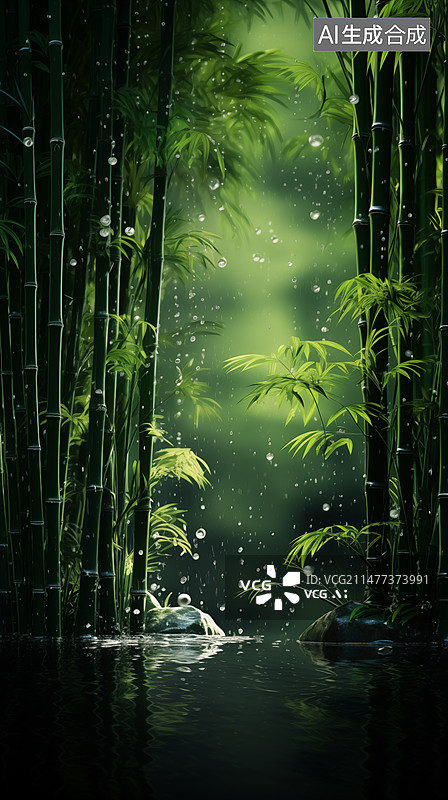 【AI数字艺术】雨滴落在竹叶上的特写镜头，雨水，谷雨，节气背景，背景图图片素材