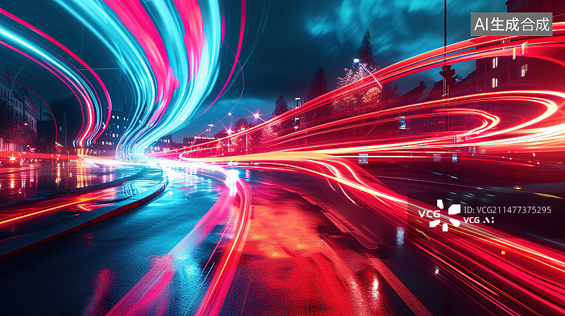 【AI数字艺术】夜晚运动模糊的城市高架路面图片素材