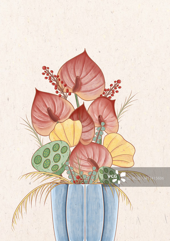 节日红掌花莲蓬植物花瓶摆件水彩插画图片素材