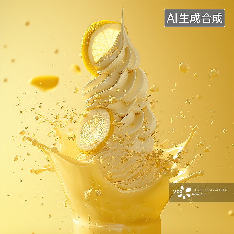 【AI数字艺术】黄色背景下的玻璃冰淇淋特写镜头图片素材