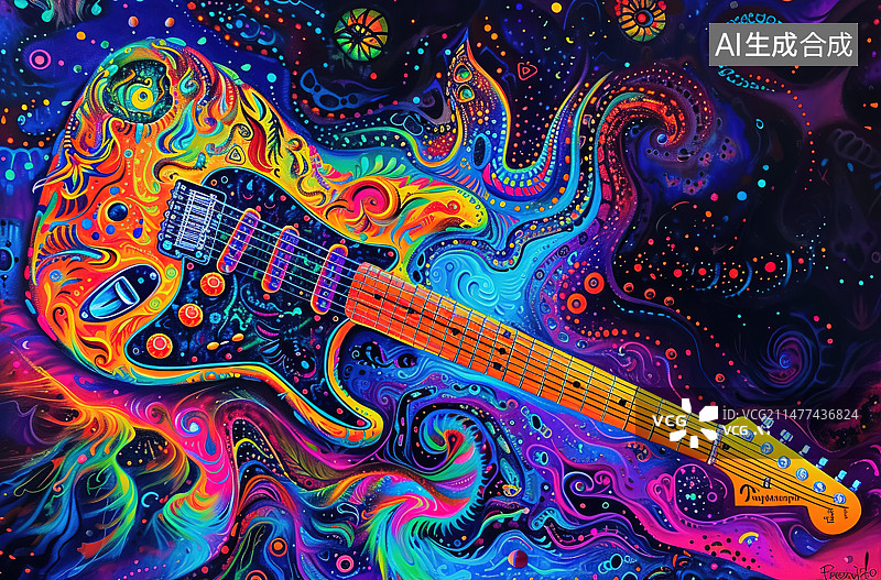 【AI数字艺术】彩色背景上的吉他特写镜头图片素材