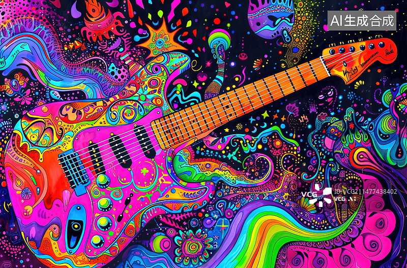【AI数字艺术】彩色吉他的全画幅拍摄图片素材