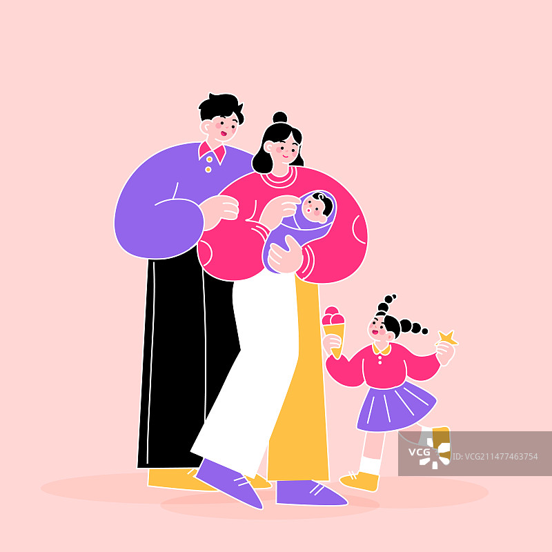 卡通儿童婴儿母婴亲子家人父母家庭团圆在一起全家福亲密有爱家庭居家情感表达生活电商优惠促销渐变矢量插画图片素材