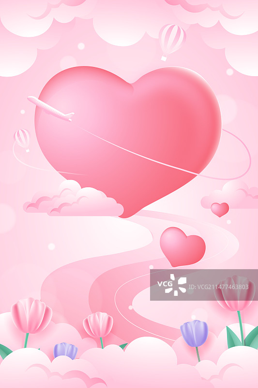 卡通春季情人节浪漫约会情侣伴侣在一起表白七夕爱心送礼物花卉纪念日消费券电商促销优惠活动渐变矢量插画图片素材