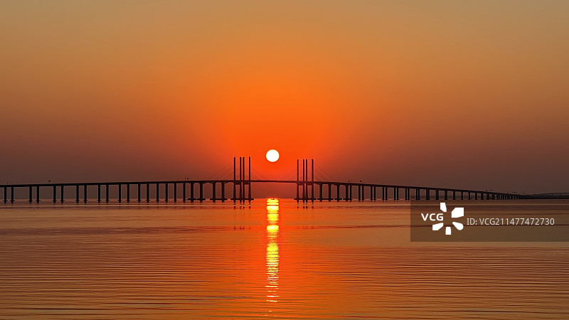 胶州湾大桥落日图片素材