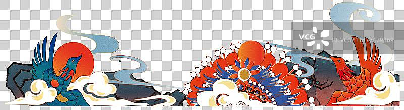 京剧国潮国风山水祥云青鸟日出图矢量插画图片素材