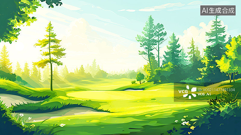 【AI数字艺术】水彩风格户外旅游高尔夫球场插画背景配图图片素材