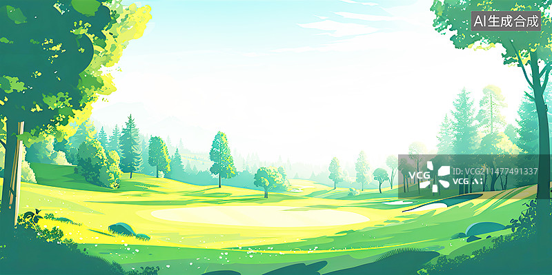 【AI数字艺术】水彩风格户外旅游高尔夫球场插画背景配图图片素材