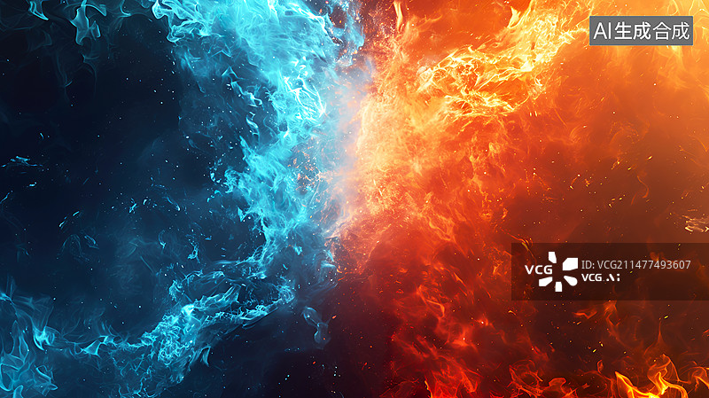 【AI数字艺术】冰与火之歌冰与火碰撞创意海报插画背景配图图片素材