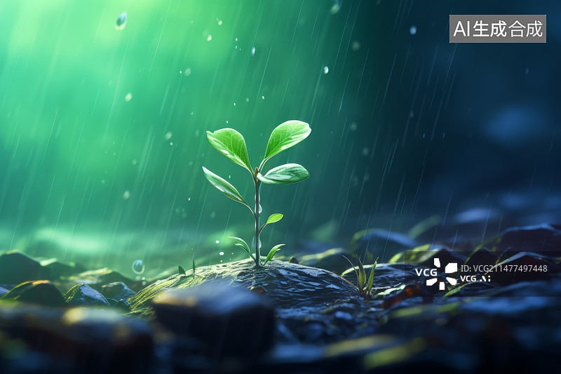【AI数字艺术】雨中刚发芽的植物幼苗插画图片素材