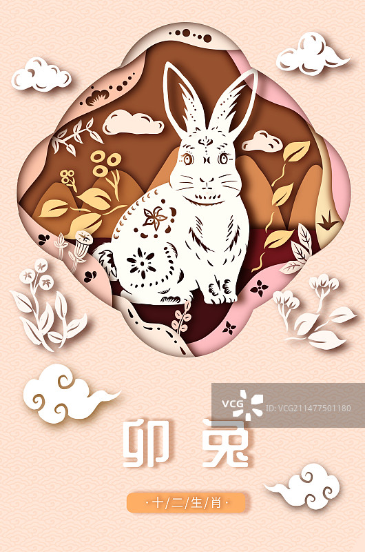 十二生肖剪纸风插画卯兔兔年海报图片素材