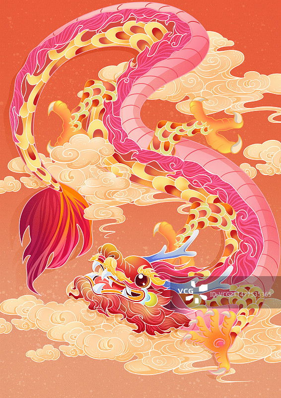 国潮手绘龙飞到祥云上图片素材
