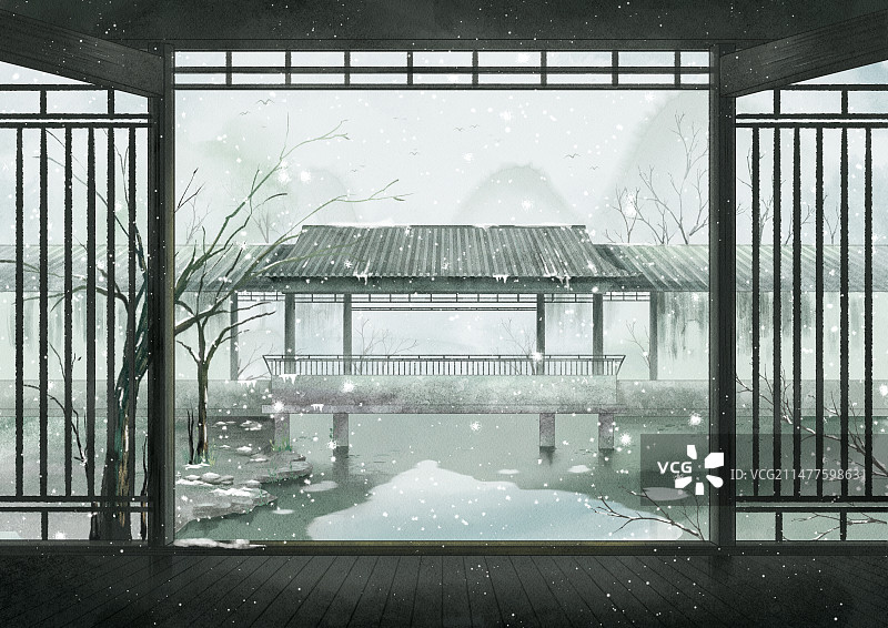冬季中国风意境园林插画图片素材