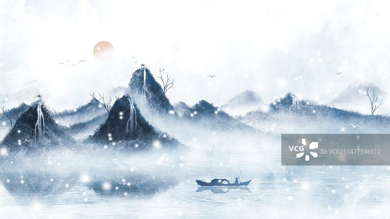 季雪中意境水墨山水画图片素材