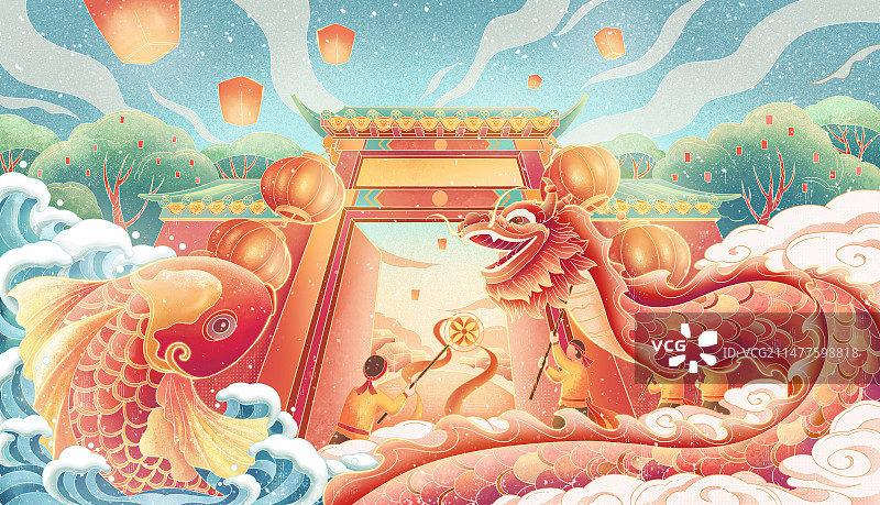 锦鲤与舞龙迎新年图片素材