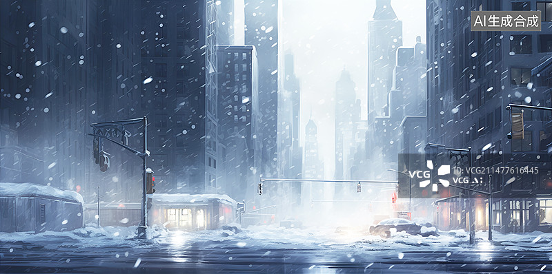 【AI数字艺术】水彩风格暴风雪中的城市插画背景图图片素材