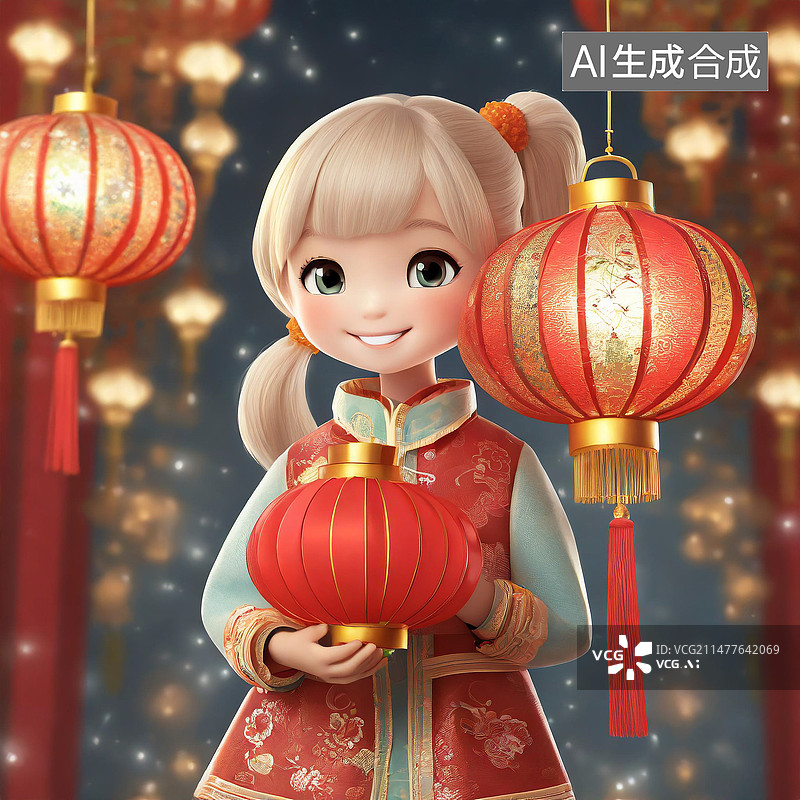 【AI数字艺术】春节一个东方面孔小女孩拿着红灯笼图片素材