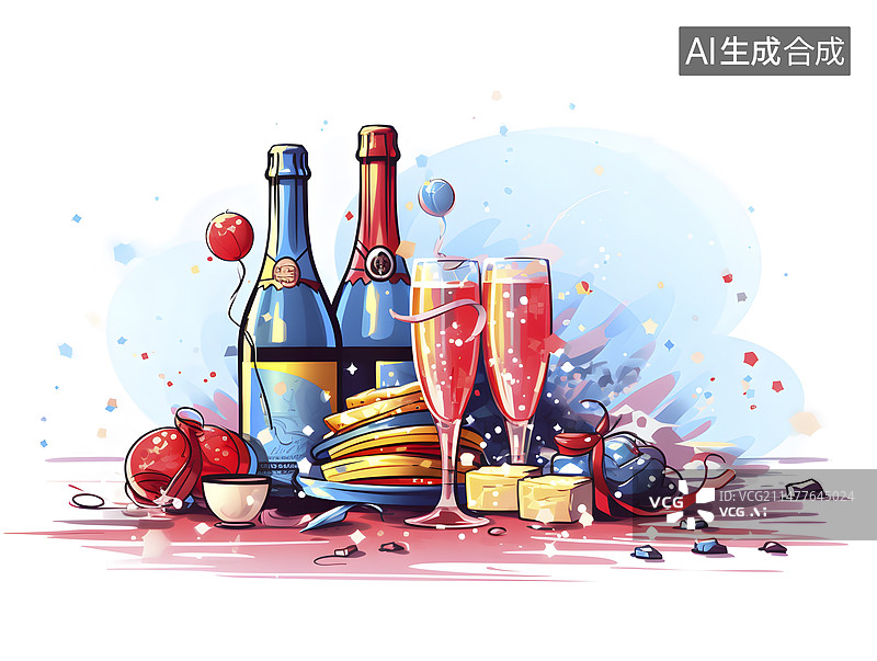 【AI数字艺术】香槟酒庆祝春节圣诞节等节日插画图片素材