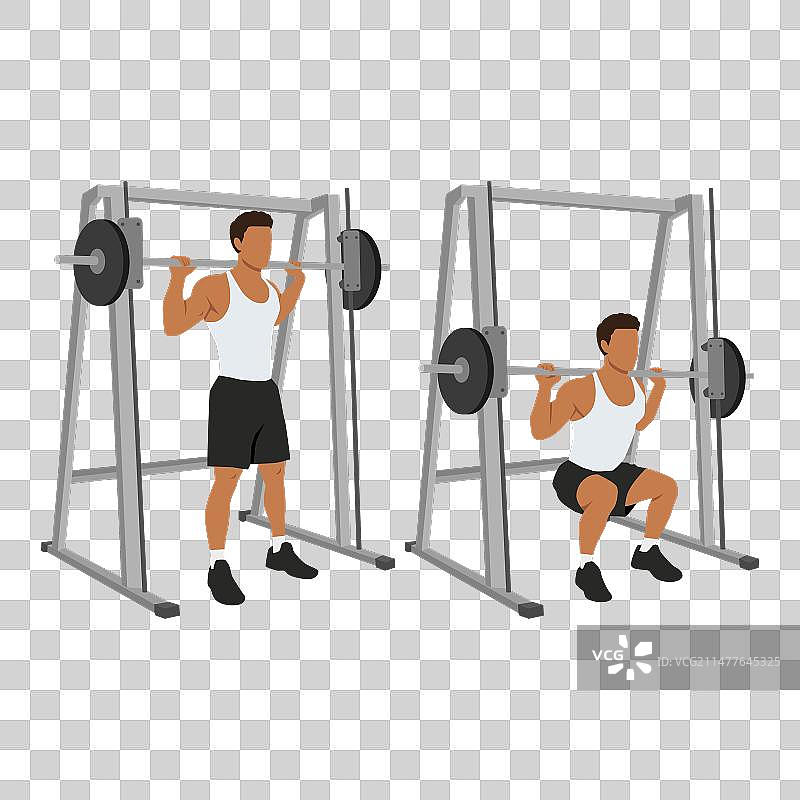 男人用史密斯机做杠铃深蹲图片素材