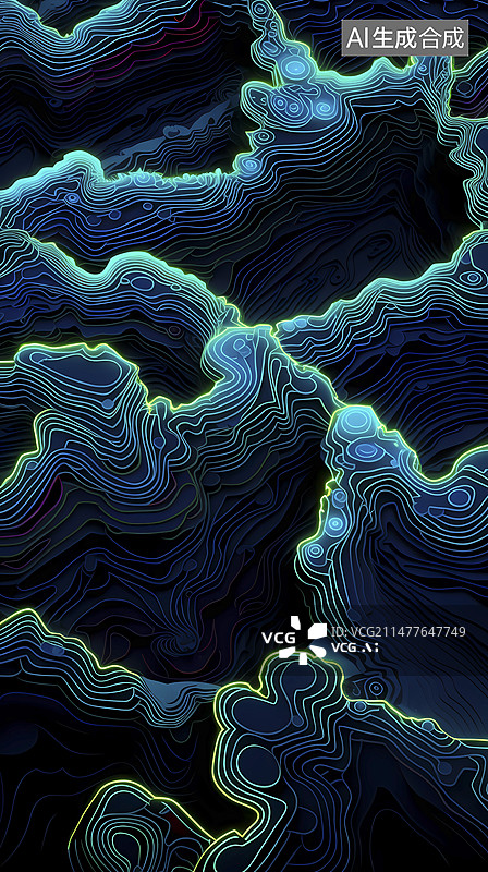 【AI数字艺术】绿色霓虹地形图曲线图形抽象设计海报背景图片素材