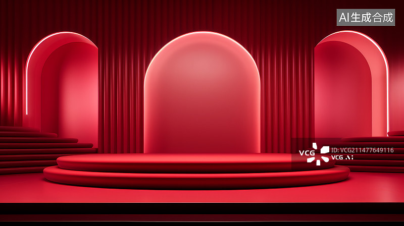 【AI数字艺术】C4D炫酷灯带红色极简春节情人节节日电商产品展示背景图片素材