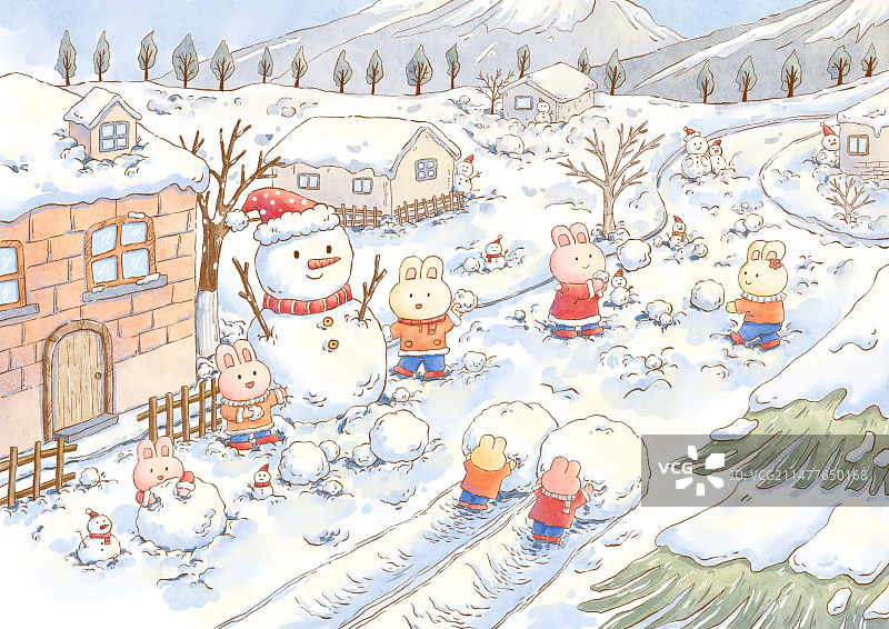 雪地里玩耍插画图片素材