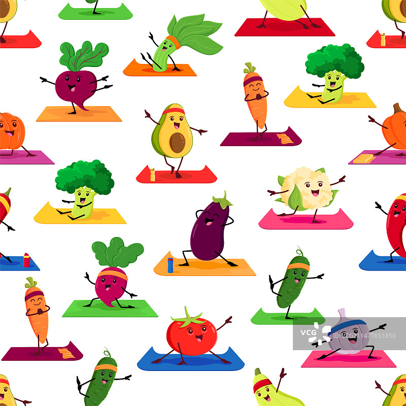 瑜伽图案上的卡通蔬菜角色图片素材