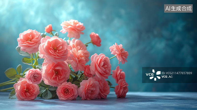 【AI数字艺术】暗绿色背景前一束粉色的花朵构成一幅唯美的背景素材图片素材