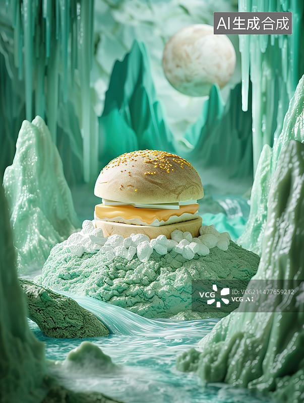 【AI数字艺术】绿色背景下的汉堡和薯条图片素材