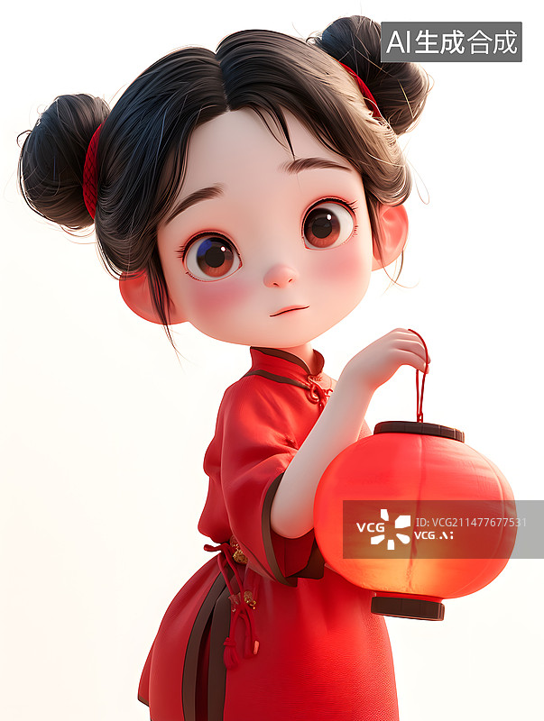 【AI数字艺术】一个女孩手拿灯笼3D三维图形图片素材