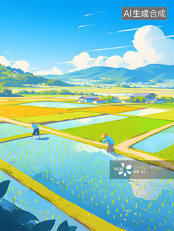 【AI数字艺术】农民在绿色的田野上播种插画图片素材