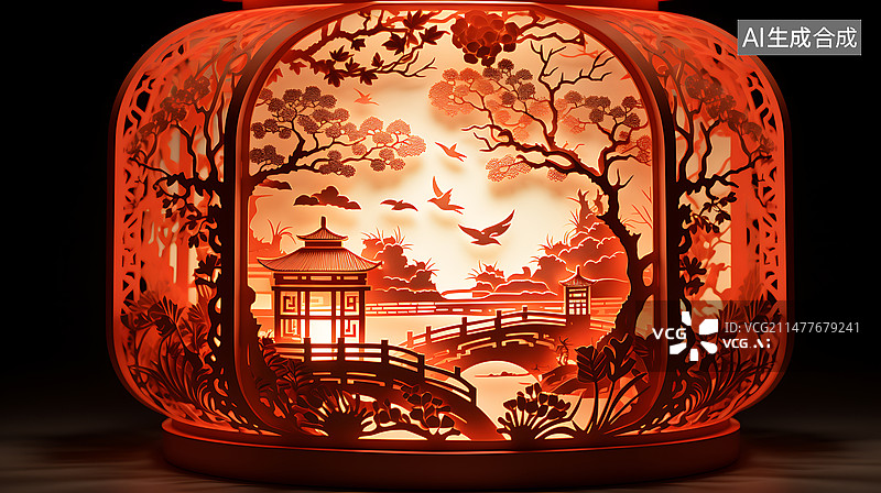 【AI数字艺术】春节元宵节剪纸立体灯笼唯美传统文化插画图片素材