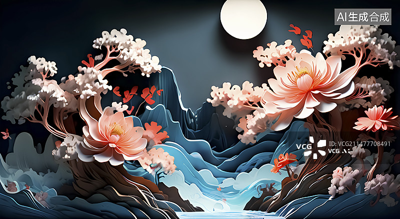 【AI数字艺术】衍纸立体荷花插画图片素材
