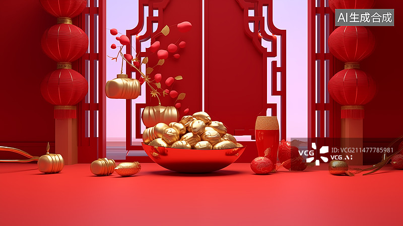 【AI数字艺术】新年喜庆礼盒和金色，红色背景，中国红背景，背景，红色，中国红图片素材